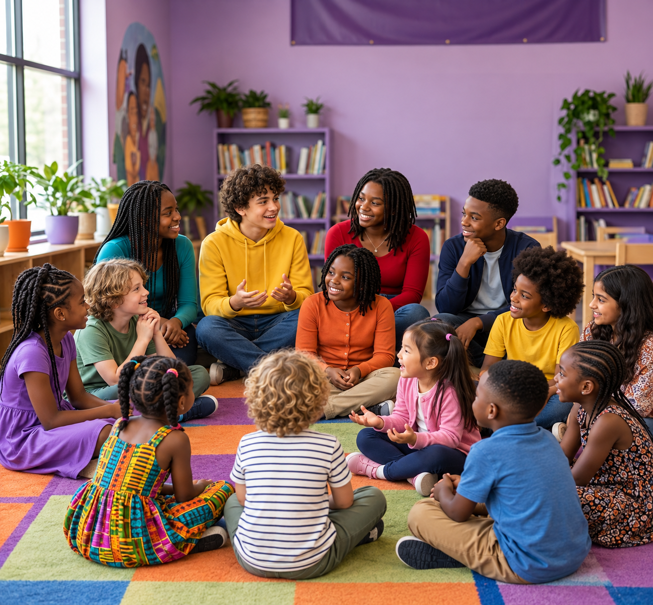 Teenagers engaged in a guided group discussion
