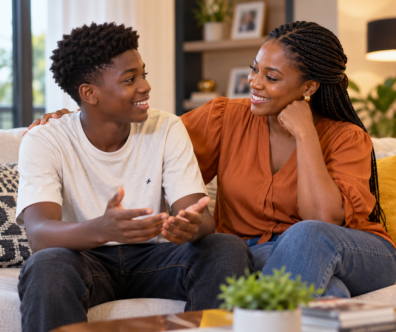 A parent and teenager sharing a conversation together