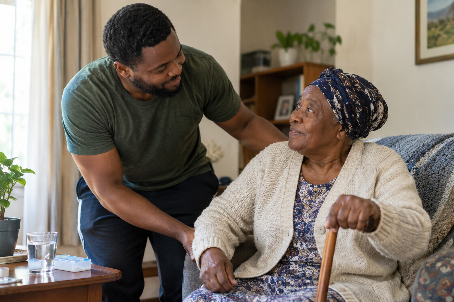 Informal caregiver supporting an elderly parent at home