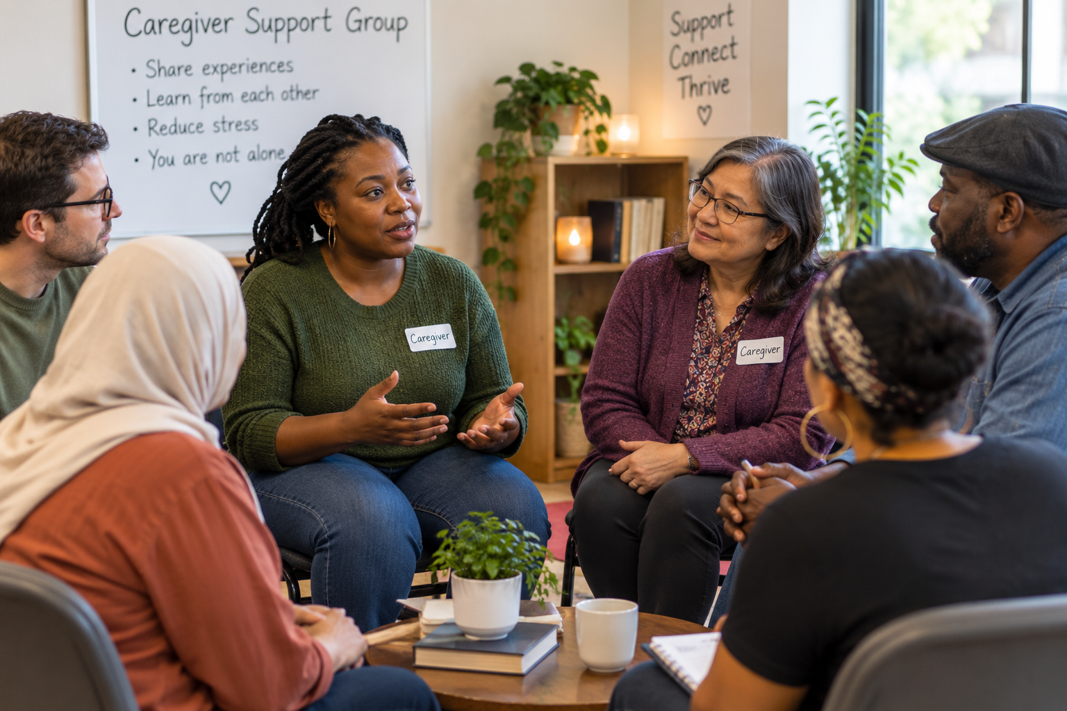 Caregivers sharing experiences in a supportive group setting