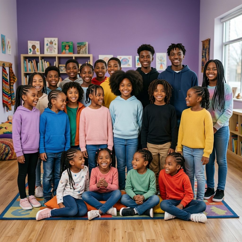 Diverse group of children and teenagers smiling together